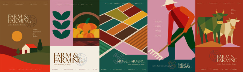 Agriculture, Farm, . Modern abstract vector illustration with pumpkins, cow, fields, gardener, village landscape and farmer for agriculture, eco products, rural harvest for poster, cover or background © Ardea-studio