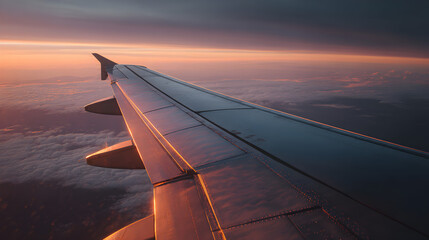 Minimalist shot of airplane wing with golden hour light suitable for travel blog and aviation background