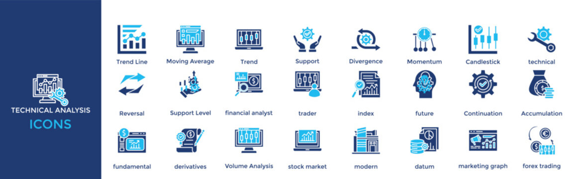 Technical Analysis icon set. Containing Trend Line, Moving Average, Trend, Support, Divergence, Momentum