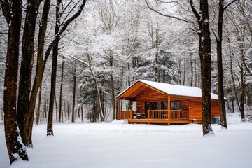 Naklejka premium Snow-Covered Cabin in Winter Wonderland: Serene Forest Retreat