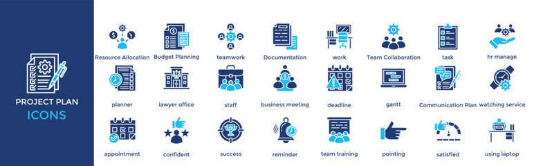 project plan icon set. Containing project management, Resource Allocation, Budget Planning, teamwork, Documentation, work, task