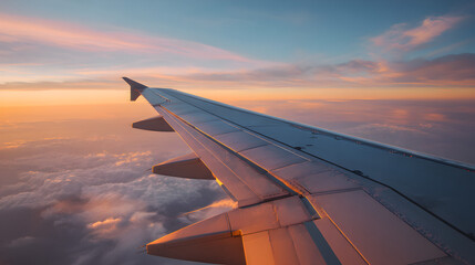 Airplane wing illuminated in warm orange glow with pastel clouds perfect for journey blog and wanderlust design