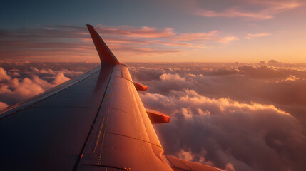 Golden hour airplane wing reflection with soft pastel sky ideal for travel photography and inspirational content