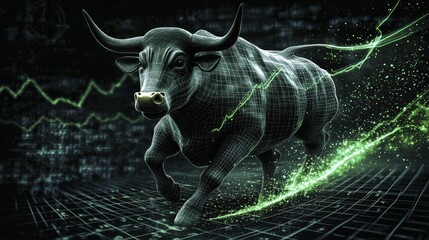 A dynamic image of a bull symbolizing the bullish stock market, reflecting financial prosperity and growth.