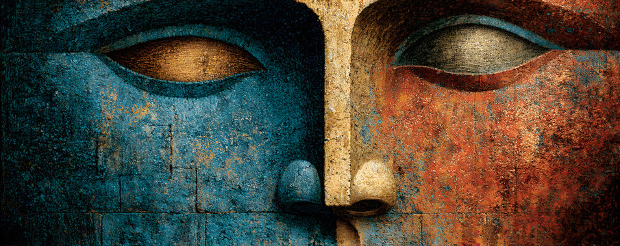 Symbolic representation of justice with a dual face nd scales, highlighting baance and fairness in law ad ethics.