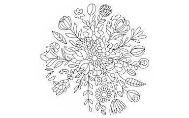 A delicate floral arrangement featuring a variety of flowers and leaves, isolated on white background, creating a harmonious and elegant composition