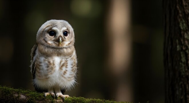 A captivating close-up portrait of an adorable baby owl with fluffy feathers and bright yellow eyes looking curiously into the distance against a solid black background - Powered by Adobe