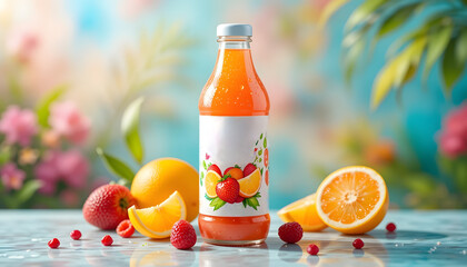 Vibrant Orange Juice Bottle with Fresh Fruits and Colorful Summer Background – Refreshing Healthy Beverage Packaging Mockup