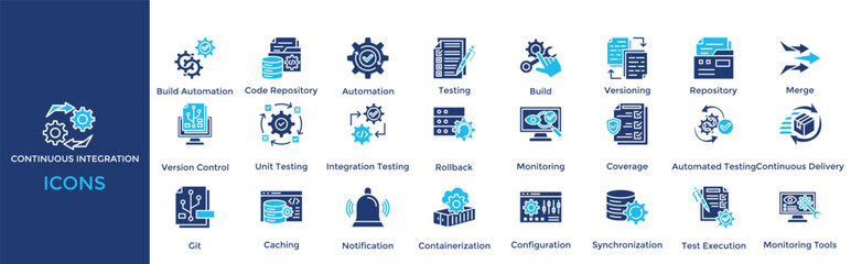 Continuous Integration icon set. Containing Automation, Testing, Build, Integration, Versioning, Repository