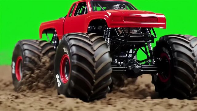 Red Monster Truck with Large Tires on Dirt Track Background with ai generated