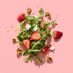 Fresh strawberry arugula salad composition on pastel pink ideal for diet blog and modern recipe design
