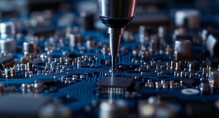 Close-up of precision tool working on circuit board, technology and electronics repair concept