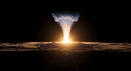 Dramatic nuclear explosion with mushroom cloud over a desolate terrain