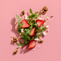 Minimalist top down salad ingredients with arugula strawberries walnuts and feta suitable for healthy food blog background