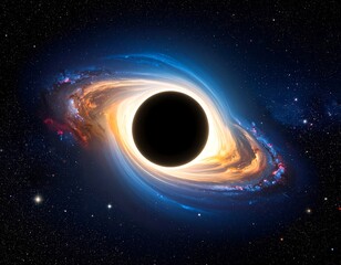 A black hole's accretion disk glows vibrantly against a dark space backdrop