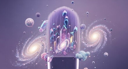 Makeup brush with crystals and galaxies, purple space background, pastel iridescent colors, cosmic beauty and fantasy art