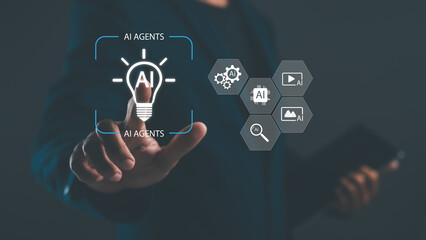 A professional individual interacts with virtual AI icons, highlighting concepts of artificial intelligence and technology in a modern context.