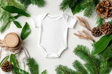 White Baby Onesie Mockup Surrounded by Festive Greenery and Natural Elements on White Background