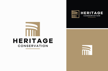 Obraz premium Historical Roman Greek Building with Pillar Column for Heritage Landmark or National Government Office or Court Law Classic logo design