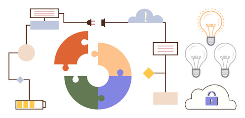 Puzzle diagram connected to flowchart with battery, bulbs, cloud, and alerts. Ideal for innovation, energy, technology, efficiency problem-solving connectivity simplicity. Clean flat metaphor