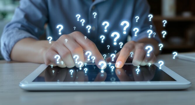 Hands using tablet, question marks, problem solving, digital help, online support, FAQ, technology, internet, search, inquiry, questions and answers,  