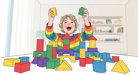 Happy child playing with colorful building blocks, preschool education, toddler development, early childhood, kids toys, learning through play, 