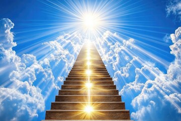 Celestial Stairway to Heaven: Golden Steps Ascending Through Radiant Clouds and Sunbeams