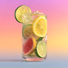 Chilled Citrus Beverage with Condensation on Gradient Backdrop