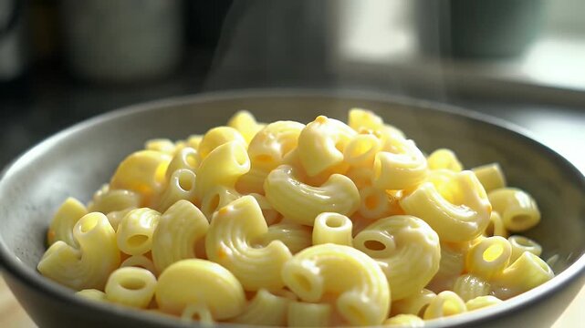 Close Up Video of Elbow Macaroni and Cheese being Served in a Gray Bowl Delicious Creamy and Comfort Food Perfect for National Mac and Cheese Day Promotion Featuring Traditional Cuisine