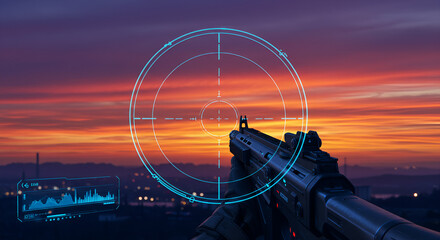 Futuristic firearm sight against a beautiful sunset background, digital warfare simulation