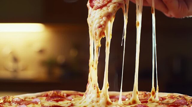 Close Up View of a Delicious Pepperoni Pizza Slice with Melting Cheese in Warm Light Perfect For Food Advertisement and Celebrating National Pizza Day More Than 170 Character Count