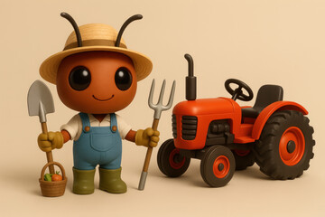 Labor Day Agriculture Concept Cute Ant Farmer with Tractor - Neutral Background - 3D Illustration
