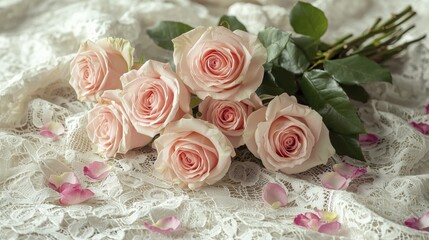 Delicate pink roses rest on a bed of elegant white lace, evoking romance and beauty.
