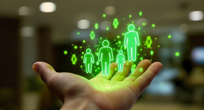 Human Network, Global Connection, Digital Community, Social Interaction, Technology Concept, Hand Holding Icons, Green Energy,  