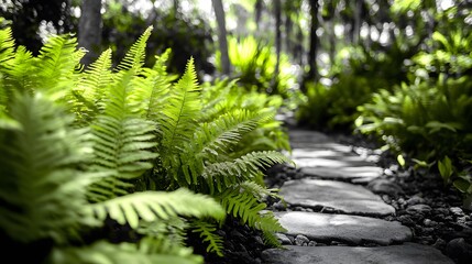 Lush Green Ferns by Stone Path in Forest