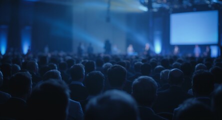 Large Conference Audience, Business Meeting, Seminar, Presentation, Back View, Blue Lighting