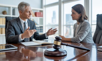 Legal Consultation, Gavel on Table, Business Meeting, Professional Discussion, Lawyers, Law, Justice, Office, Workplace, Businesspeople, Court, Litigation, Contract 
