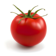 A single ripe red tomato with green stem against a white background