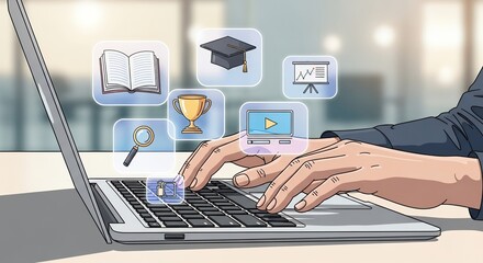 Online Learning, Education, and Achievement Hands Typing on Laptop with Success Icons