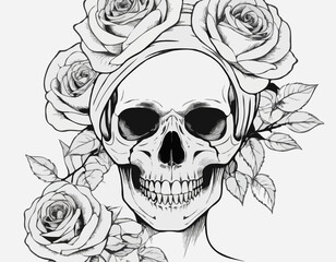 illustration of Skull Woman with roses