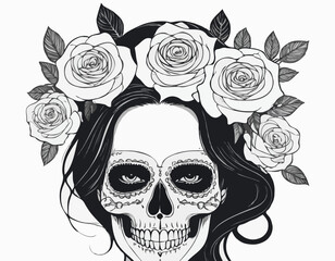 illustration of Skull Woman with roses