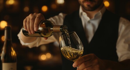 Pouring White Wine into Glass, Close-Up, Beverage, Drink, Alcohol