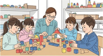 Preschool children playing with colorful blocks with their teacher. Illustration of early childhood education.