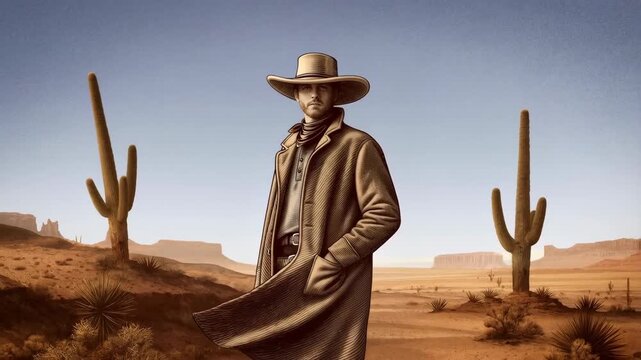 Cowboy posing in the desert with cacti and mountains