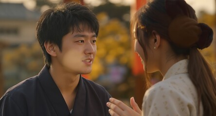 Romantic Couple Talking, Young Adults in Traditional Asian Clothing, Outdoor Portrait