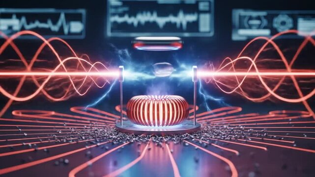 Futuristic experiment with levitating object and energy beams