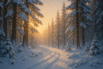 Enchanted snowy pine forest path with soft falling snowflakes during golden hour winter sunset