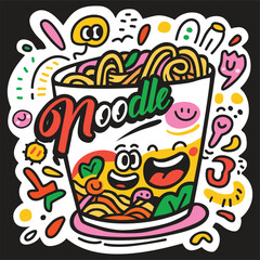 Colorful Doodle Noodle Cup Vector, Cute Cartoon Instant Noodles Illustration.eps