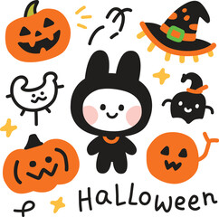 Naklejka premium Cute Halloween Doodle Vector, Cartoon Pumpkin and Bunny Character Illustration.eps