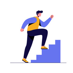 Obraz premium Man climbing blue stairs towards success with determination and focus, symbolizing career growth and achievement in a modern, minimalist style.